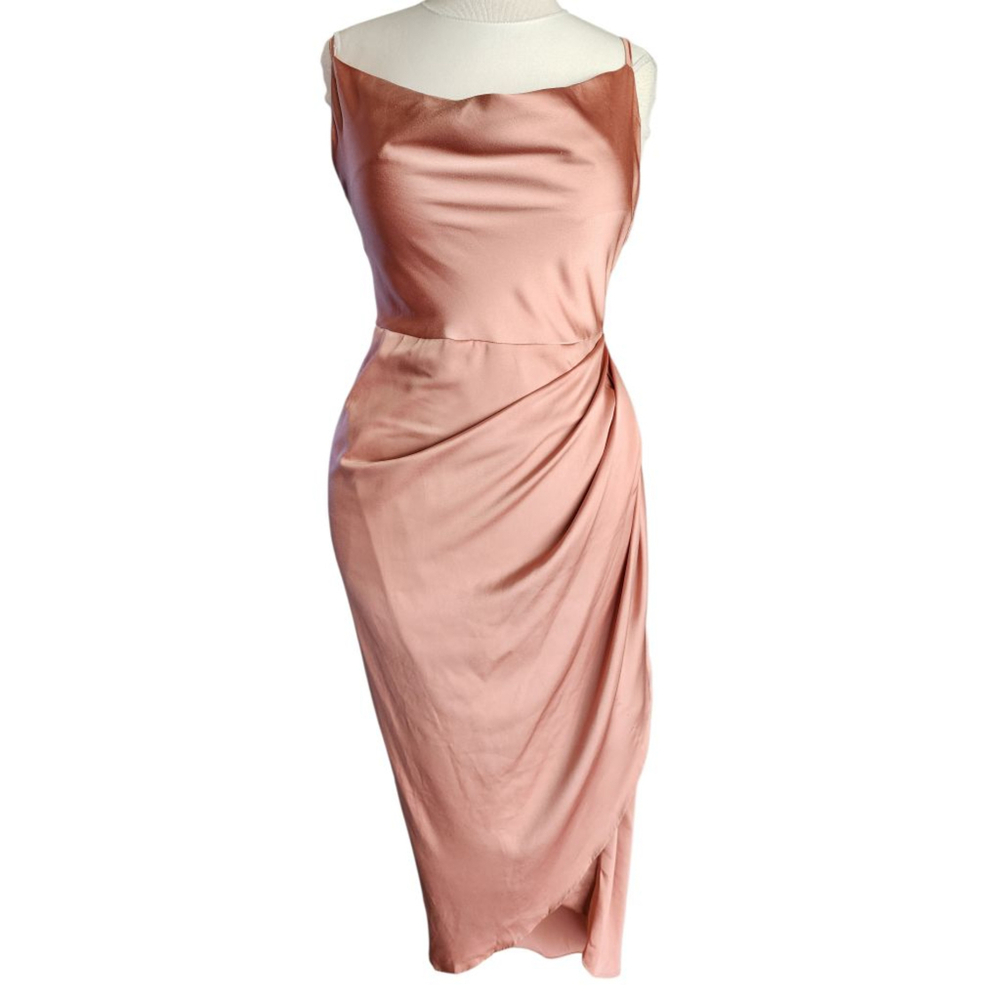 Satin Slip Dress Women’s L Blush Pink Cowl Neck Midi Draped Side Spaghetti Strap